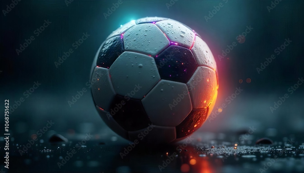 Fototapeta premium High-Contrast Soccer Ball with Blue and Red Neon Lights