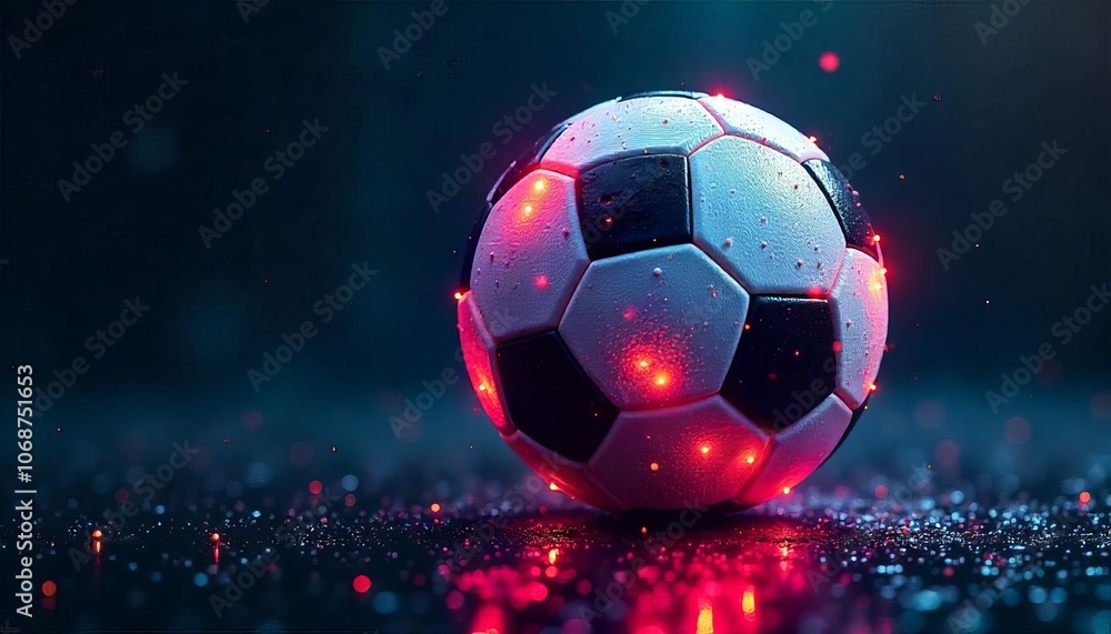 Fototapeta premium Soccer Ball with Pulsing Light Trails on Wet Ground