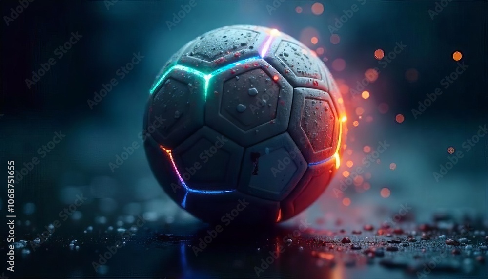 Naklejka premium Futuristic Soccer Ball with Radiant Neon Stripes