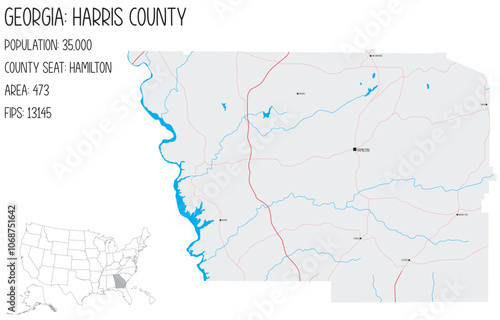 Large and detailed map of Harris County in Georgia, USA.