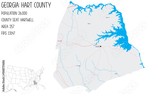 Large and detailed map of Hart County in Georgia, USA.