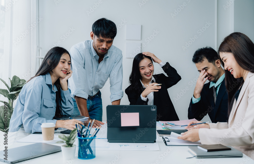 Business Meeting Laughter: A diverse team of professionals share a lighthearted moment during a business meeting, creating a positive and collaborative atmosphere. Business Meeting Laughter: A diverse team of professionals share a lighthearted moment during a business meeting, creating a positive and collaborative atmosphere.