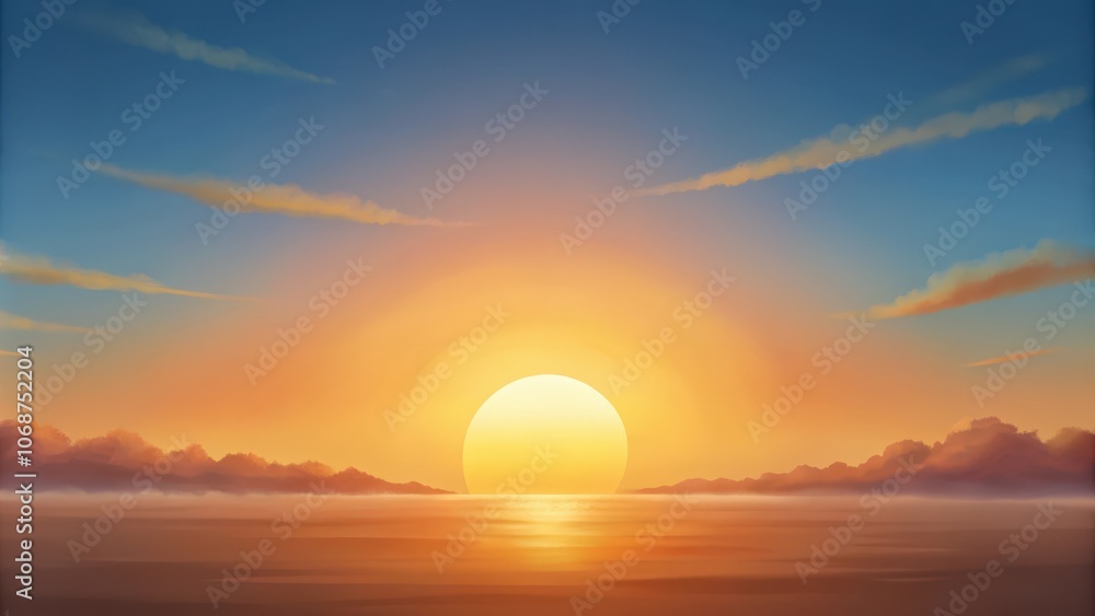 Sunset over a Calm Sea with Fog and Clouds Sunset over a Calm Sea with Fog and Clouds