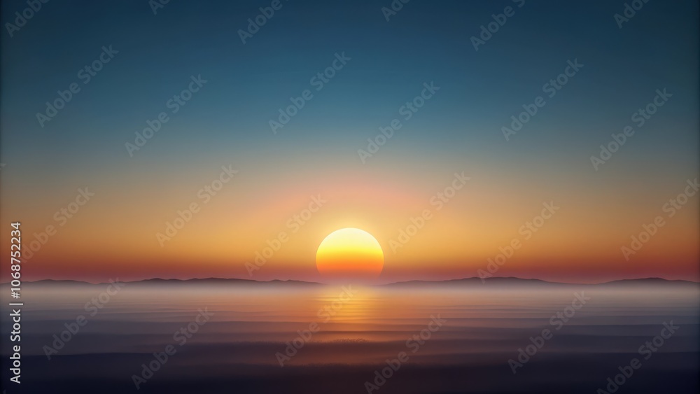 A Sun Setting Over a Misty Landscape with Silhouetted Mountains A Sun Setting Over a Misty Landscape with Silhouetted Mountains