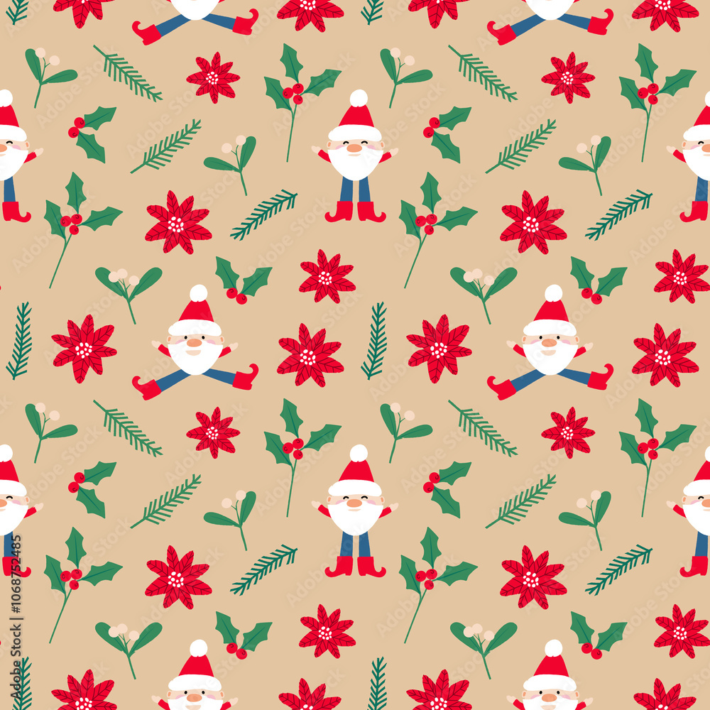Winter holiday seamless pattern. Santa Claus, snowflakes, Christmas foliage. Festive season repeating print. Perfect for wrapping, packaging, stationery, festive decor, crafts, textiles. Winter holiday seamless pattern. Santa Claus, snowflakes, Christmas foliage. Festive season repeating print. Perfect for wrapping, packaging, stationery, festive decor, crafts, textiles.