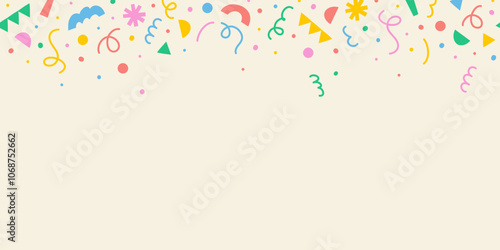 Seamless cute abstract border, background of colorful falling top down confetti of multicolored geometric shapes, lines, squiggles on light background, hand drawn illustration, flat style, copy space