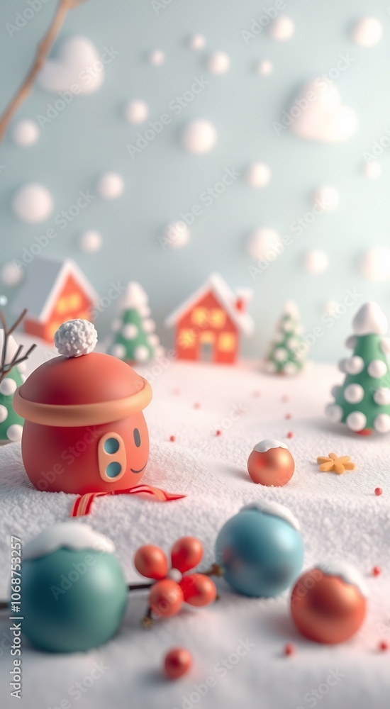 Smiling red Christmas character in snowy landscape. Smiling red Christmas character in snowy landscape.