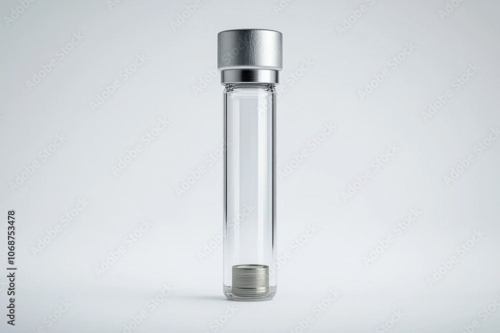 A single transparent medical vial with a silver cap and clear liquid A single transparent medical vial with a silver cap and clear liquid
