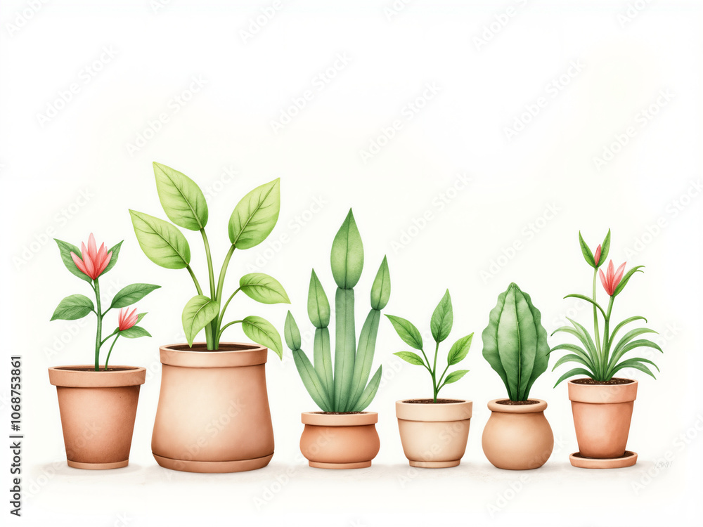 Fototapeta premium Watercolor painting: Various flowers in pots, can be used as decoration.