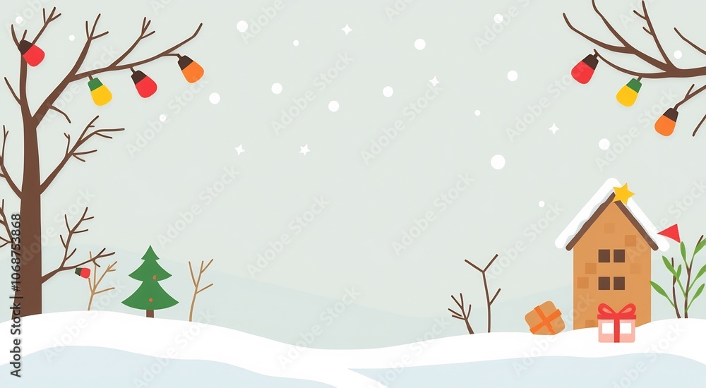 Simple minimalist winter scene with a house and a small tree in the snow. Simple minimalist winter scene with a house and a small tree in the snow.