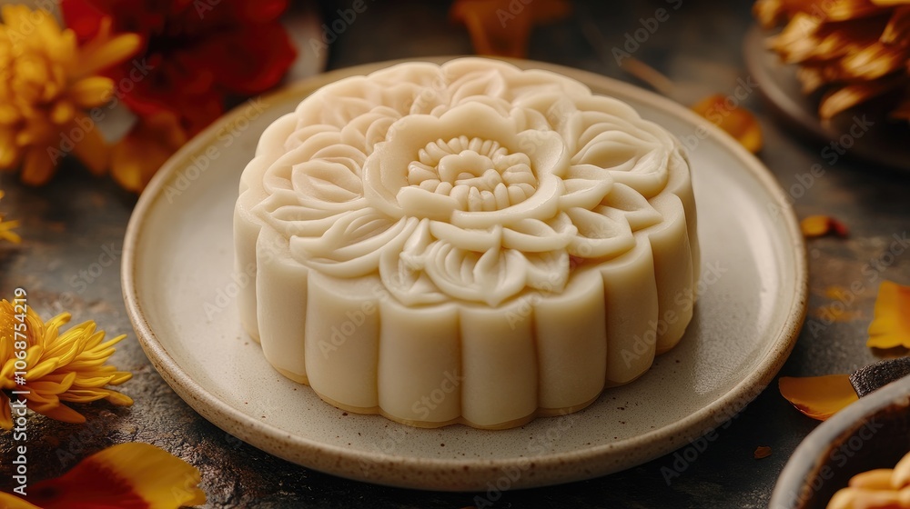 Elegant Floral Mooncake on a Rustic Plate Elegant Floral Mooncake on a Rustic Plate