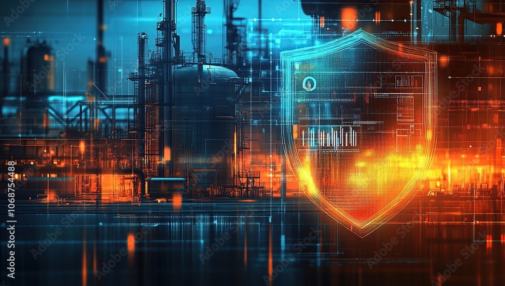 Obraz premium A digital shield protecting an industrial plant against cyber threats