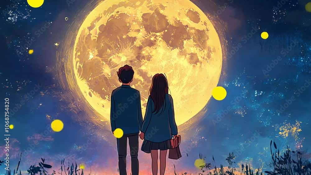 A couple gazes at a large, luminous moon in a starry night sky, evoking romance and wonder. A couple gazes at a large, luminous moon in a starry night sky, evoking romance and wonder.