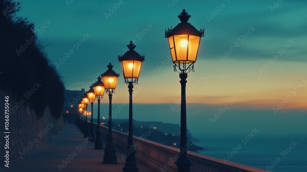 Illuminated street lamps casting a warm glow along a serene road at dusk, creating a tranquil and inviting atmosphere. Illuminated street lamps casting a warm glow along a serene road at dusk, creating a tranquil and inviting atmosphere.