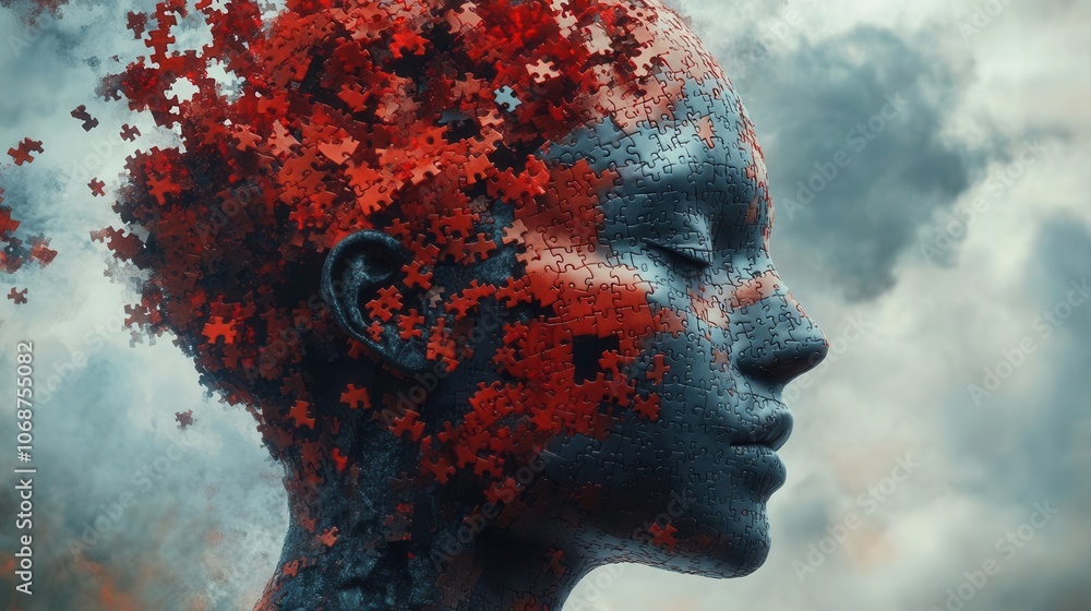 visual representation of adhd with a head shaped puzzle, symbolizing mental health awareness and the complexity of thoughts, rendered in an abstract and artistic style visual representation of adhd with a head shaped puzzle, symbolizing mental health awareness and the complexity of thoughts, rendered in an abstract and artistic style