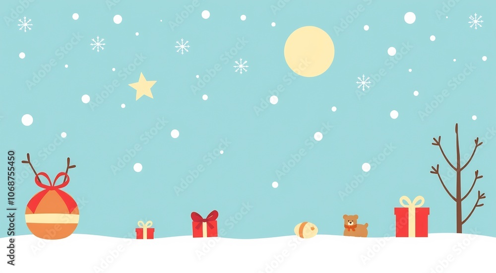 A cute Christmas scene with a reindeer, gifts, a bear, and a tree. A cute Christmas scene with a reindeer, gifts, a bear, and a tree.
