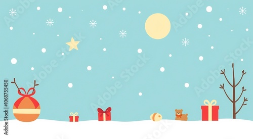 A cute Christmas scene with a reindeer, gifts, a bear, and a tree.