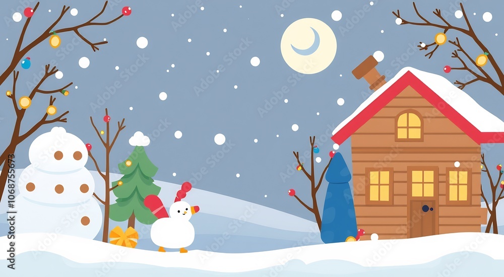 Snowy winter scene with a cozy cabin, a snowman, and a small snowman. Snowy winter scene with a cozy cabin, a snowman, and a small snowman.