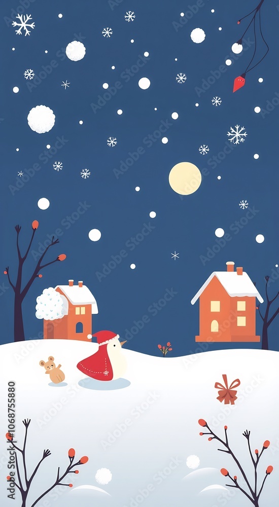 A snowy night with a red-cloaked bird, a mouse, and a bow on a snowy landscape with two small houses, a bare tree, and the moon. A snowy night with a red-cloaked bird, a mouse, and a bow on a snowy landscape with two small houses, a bare tree, and the moon.