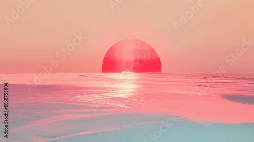 A large red sun sets over a calm ocean, casting a pink and orange glow across the water.