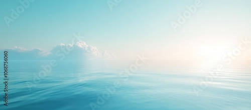 Calm and serene sea with blue sky and white clouds, the sun shines through the clouds creating a warm glow on the water surface.