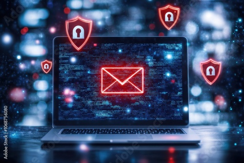 A laptop displaying an encrypted email message, with holographic shields