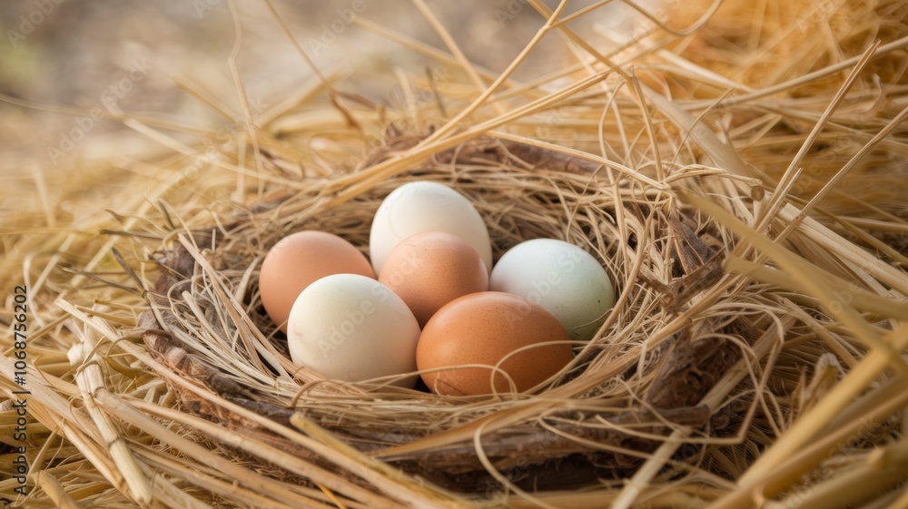 A cozy nest filled with eggs and golden straw. There are five eggs inside the nest. The photo is connected with nature and reminds of farm life and fresh produce collected in a caring environment. A cozy nest filled with eggs and golden straw. There are five eggs inside the nest. The photo is connected with nature and reminds of farm life and fresh produce collected in a caring environment.