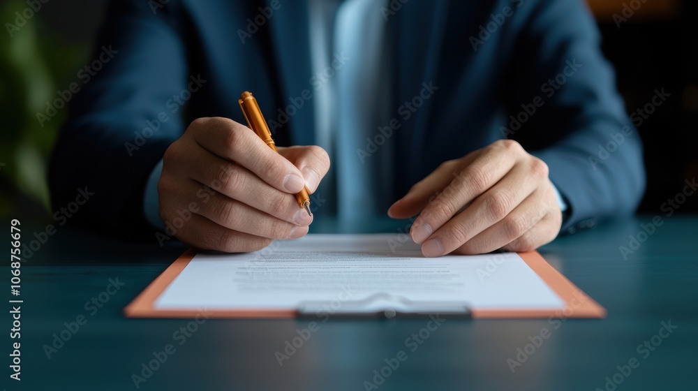 A person in a suit holds a pen over a document, indicating focus and professionalism in an office setting. A person in a suit holds a pen over a document, indicating focus and professionalism in an office setting.