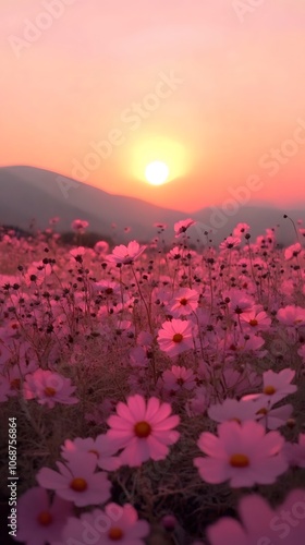 Flower Field, Flowers with Sunset, Photo Realistic, Landscape, Nature, Wallpaper, Cover and Screen for Smartphone, PC, Laptop, 9:16 and 16:9 Format