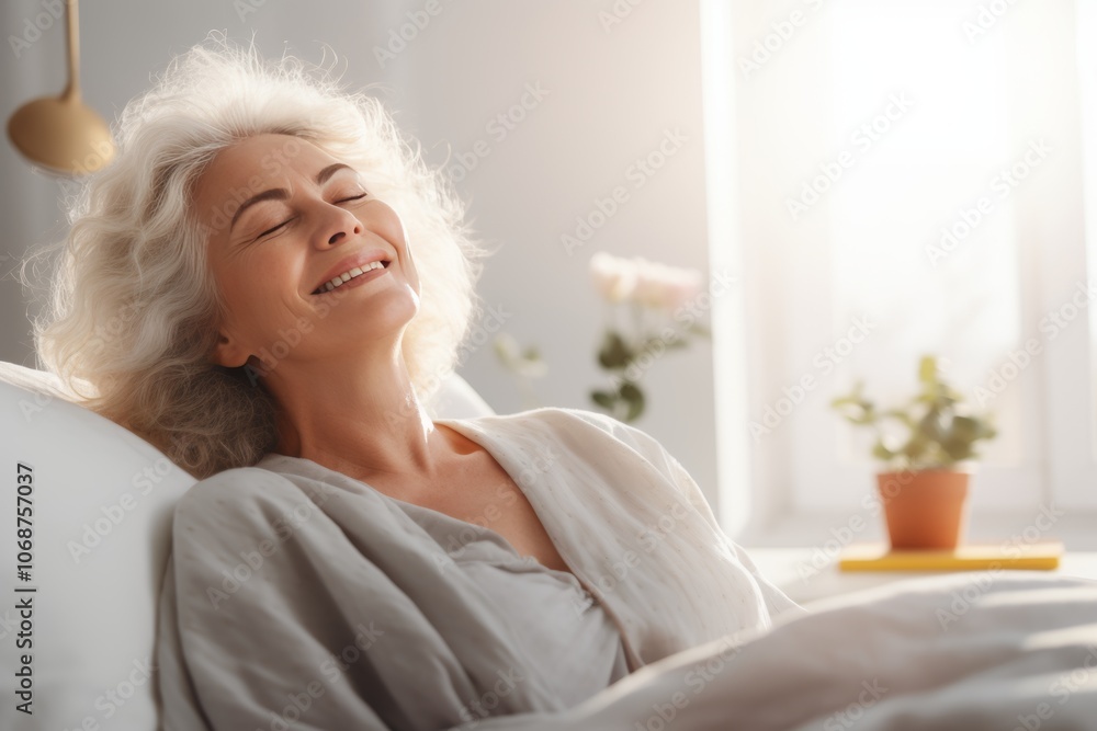 Happy mature woman stretches joyfully in a bright room filled with plants and sunlight in the morning Happy mature woman stretches joyfully in a bright room filled with plants and sunlight in the morning