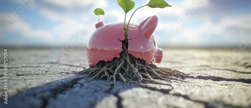 A pink piggy bank cracked open with roots emerging and a small plant growing, symbolizing growth and resilience in adverse conditions. photo