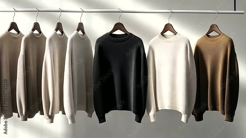 A minimalist rail of neutral-toned sweaters in camel, light grey, and off-white hues hanging against a sleek white wall, with soft textures complementing the modern setting. A minimalist rail of neutral-toned sweaters in camel, light grey, and off-white hues hanging against a sleek white wall, with soft textures complementing the modern setting.