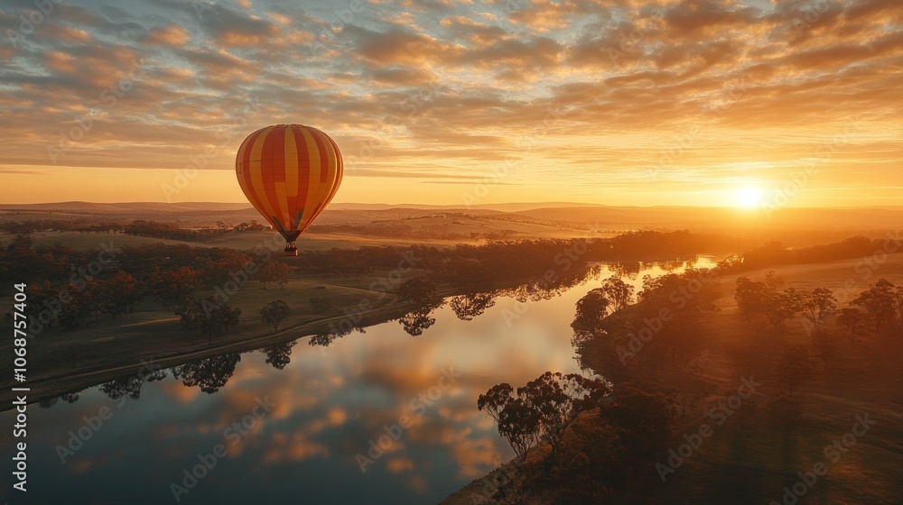Obraz premium A hot air balloon glides through the sky at sunrise, casting a reflection in the water below. The sky is ablaze with color as the sun rises above the horizon.