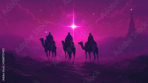 Three wise men on camels under bright star in purple night sky