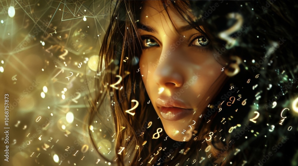 A mystical portrait of a serene girl enveloped in a flow of numerological symbols and numbers A mystical portrait of a serene girl enveloped in a flow of numerological symbols and numbers
