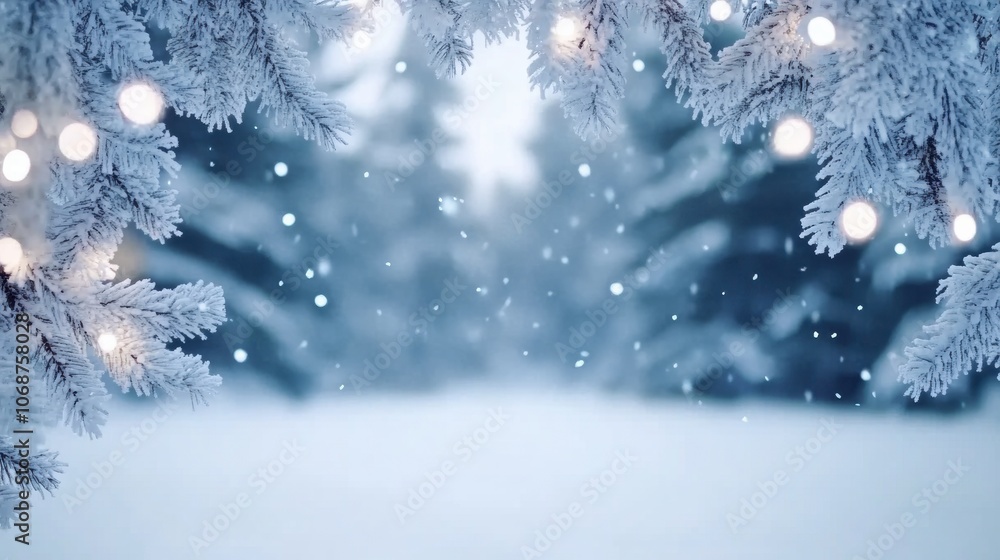Snow-covered branches frame a serene winter landscape with softly falling snowflakes, AI Snow-covered branches frame a serene winter landscape with softly falling snowflakes, AI