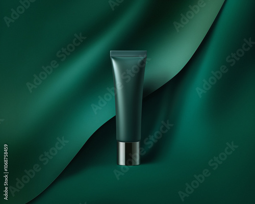 Matte tube of cream stands among paper background with curves, monochrome emerald color. Horizontal mockup, luxury herbal cosmetics concept, commercial photo