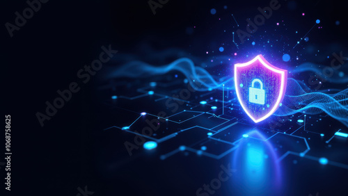 This is a digital art illustration featuring cybersecurity and technology themes with glowing cyber elements and a shield icon at its center. photo