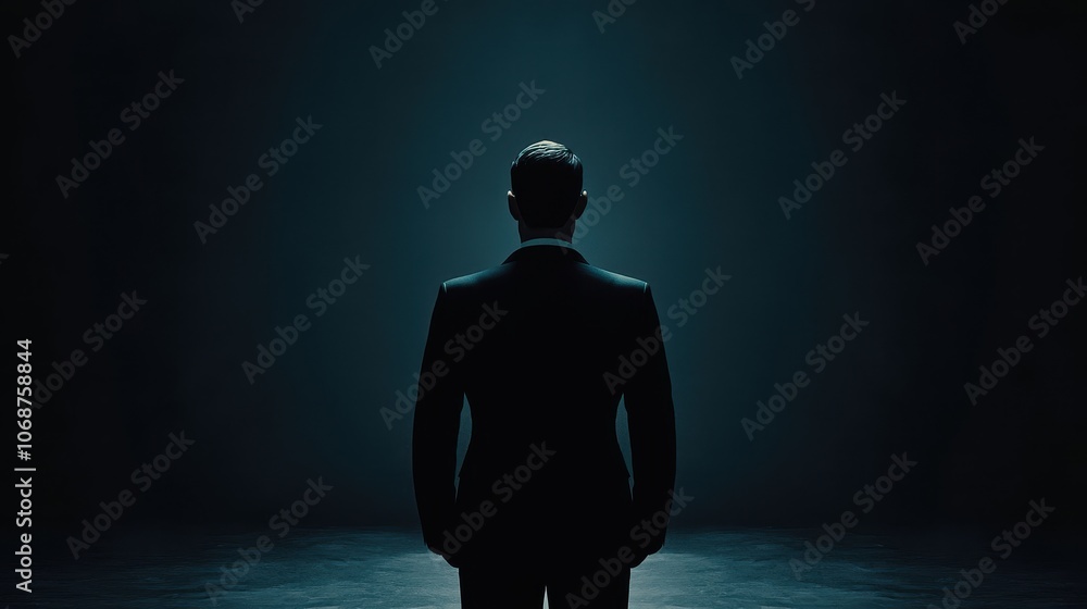 A silhouette of a well-dressed man stands alone in a dark, moody environment, creating a sense of mystery and anticipation. A silhouette of a well-dressed man stands alone in a dark, moody environment, creating a sense of mystery and anticipation.
