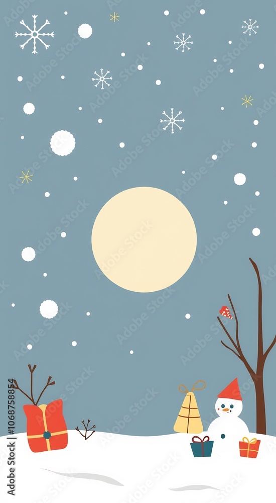 A snowman stands in the snow with presents under a bright full moon, with snowflakes falling from the sky. A snowman stands in the snow with presents under a bright full moon, with snowflakes falling from the sky.