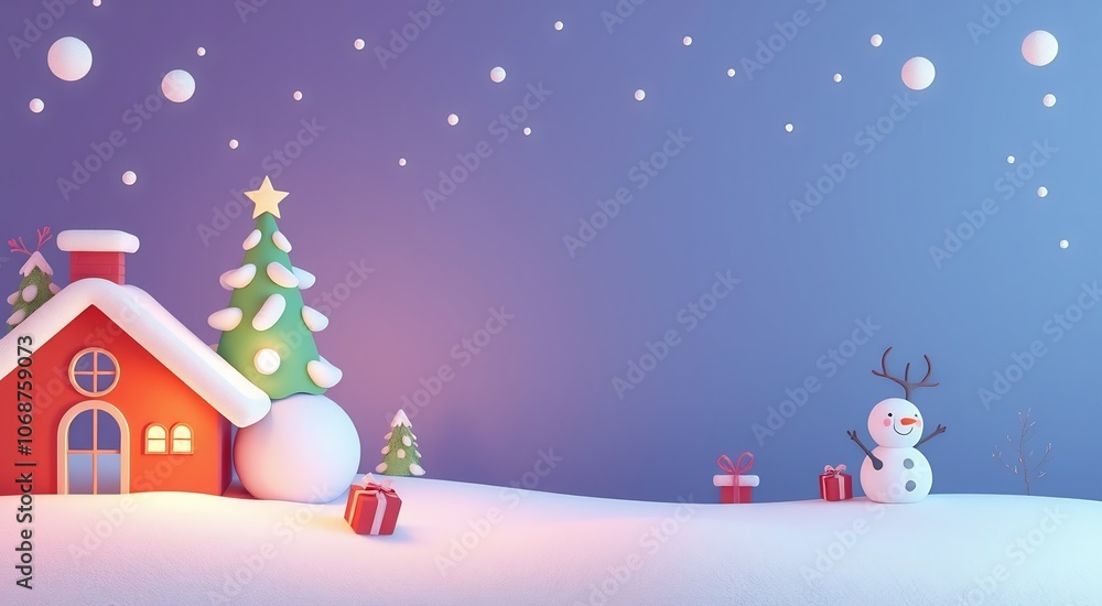 Christmas house with snowman and decorated tree. Christmas house with snowman and decorated tree.