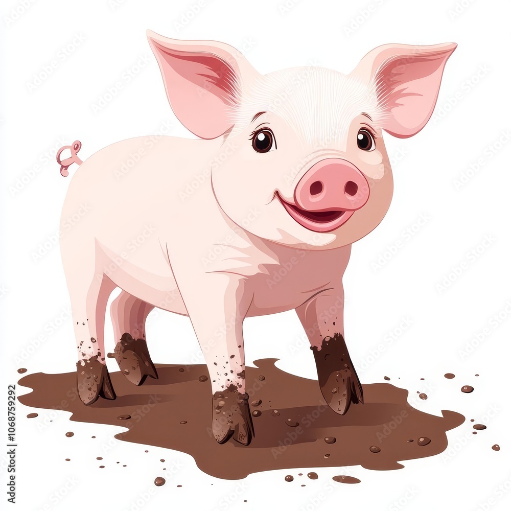 Fototapeta premium Cute Cartoon Pig in Muddy Illustration