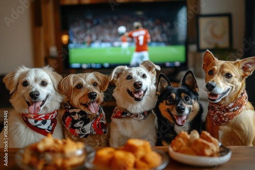 Group of dogs wearing sports scarves watching football on TV, with snacks, in a lively, fan-spirited indoor scene.

