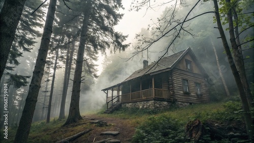Trees seem to close in around the cabin as if trying to conceal it from view with thick fog swirling around its base and snaking up its wooden sides, twisted tree limbs, foggy forest, nighttime