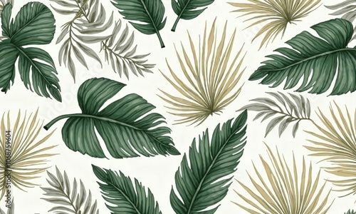 Tropical leaves pattern botanical illustration muted green