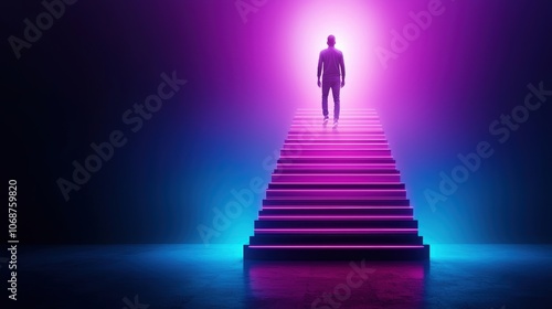 A man stands on a staircase that is lit up in purple and blue