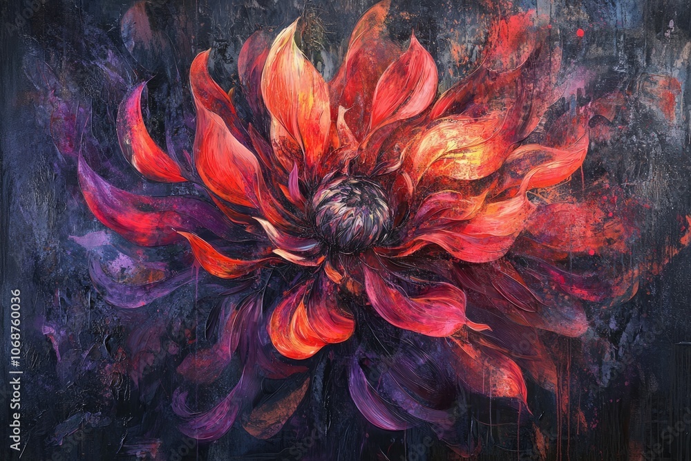Fototapeta premium A dahlia in vibrant hues of red and purple, petals swirling in abstract, fluid motion on a dark, textured background