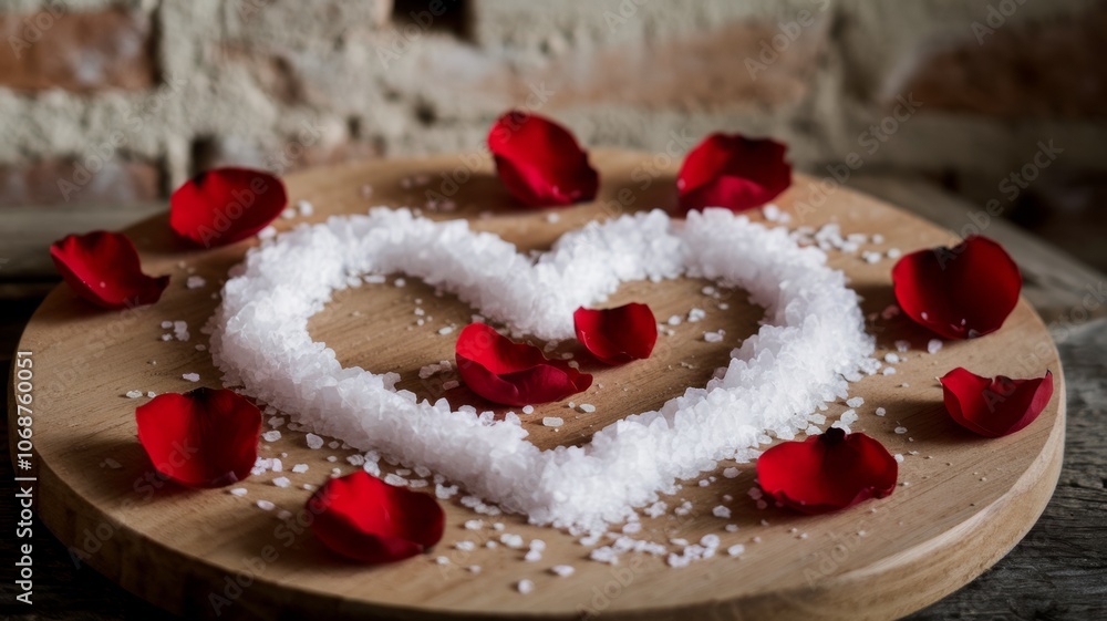 Crystals of white sea salt are arranged in the shape of a heart, and red rose petals are scattered around the salt. An advertising photo with a place for the text. Crystals of white sea salt are arranged in the shape of a heart, and red rose petals are scattered around the salt. An advertising photo with a place for the text.