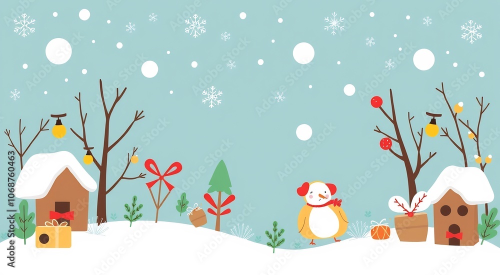 Cute snowman illustration with gifts and houses in a snowy landscape. Cute snowman illustration with gifts and houses in a snowy landscape.