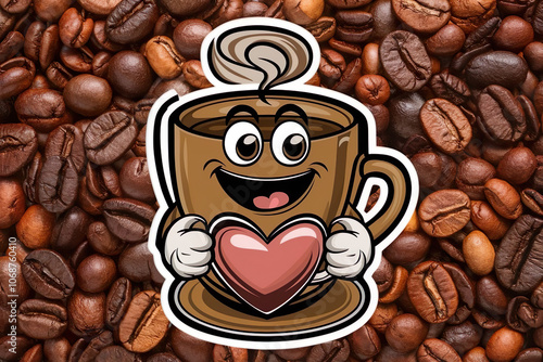 Smiling cup of coffee holds heart in hands. Coffee beans background